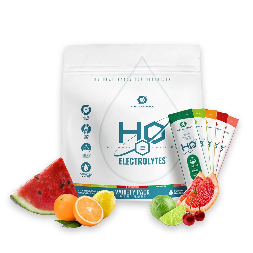 Cellutrex® H2O Electrolytes – Ηλεκτρολυτικοί Powder Mix, Zero Sugar, Natural Salt Hydration Packets για την αποκατάσταση και την ευεξία, Variety Pack, 20 Sticks