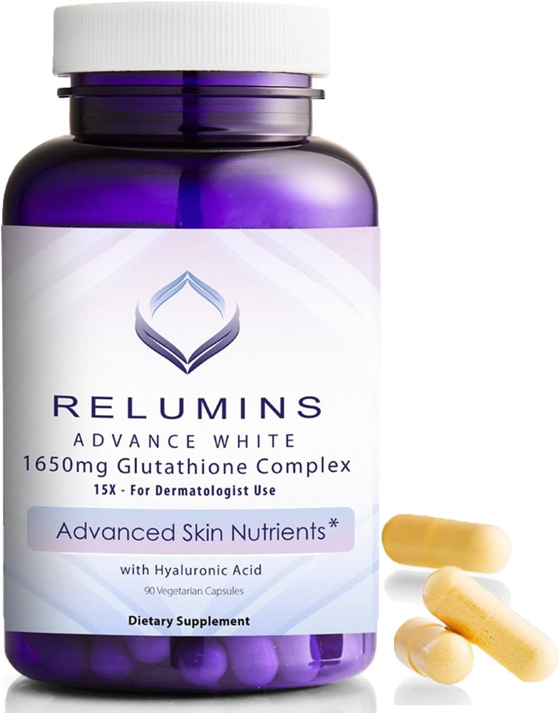 Relumins 1650mg L-Glutathione Complex με Υαλουρονικό Οξύ, Άλφα Λιποϊκό Οξύ, Rose HIPS, Βιταμίνη Ε & Ριβοφλαβίνη – Αντιοξειδωτική Υποστήριξη, Ιδανική για την Επίτευξη Διακοπών, Κατασκευασμένο στις ΗΠΑ – 90 Κάψουλες