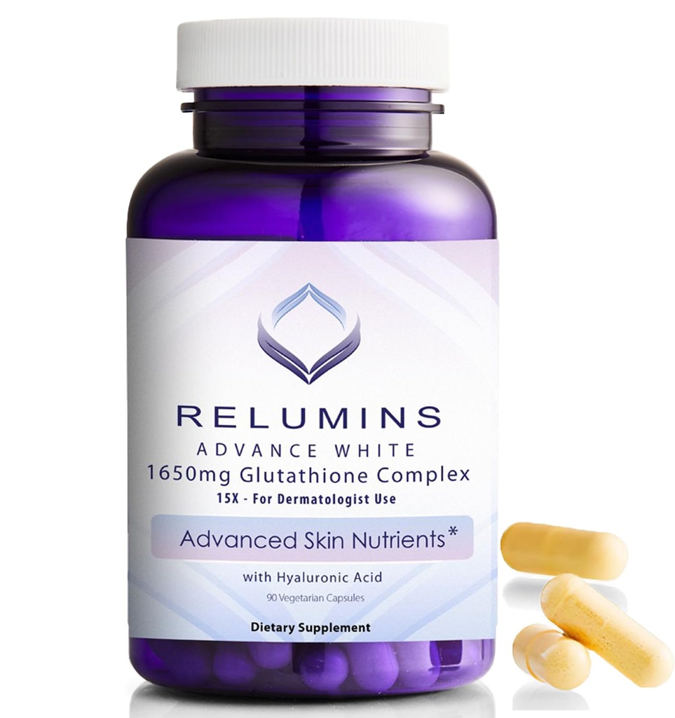 Relumins 1650mg L-Glutathione Complex με Υαλουρονικό Οξύ, Άλφα Λιποϊκό Οξύ, Rose HIPS, Βιταμίνη Ε & Ριβοφλαβίνη – Αντιοξειδωτική Υποστήριξη, Ιδανική για την Επίτευξη Διακοπών, Κατασκευασμένο στις ΗΠΑ – 90 Κάψουλες