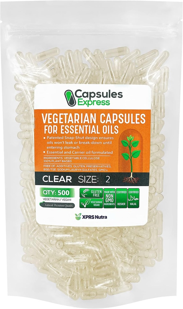 XPRS Nutra Size 2 Empty Vegan Capses - 500 Count Clear Veggie Caps for Essential Oils - Κενές κάψουλες λαχανικών για αιθέρια έλαια - DIY Pill Filling