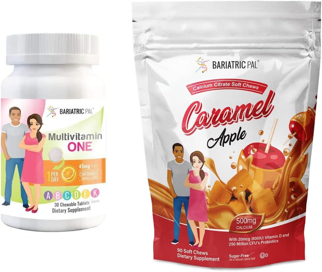 BariatricPal 30-Day Bariatric Vitamin Bundle (Multivitamin ONE 1 ανά ημέρα! with 45mg Iron Chewable - Orange Citrus and Calcium Citrate Soft Chews 500mg with Probiotics - Caramel Apple)