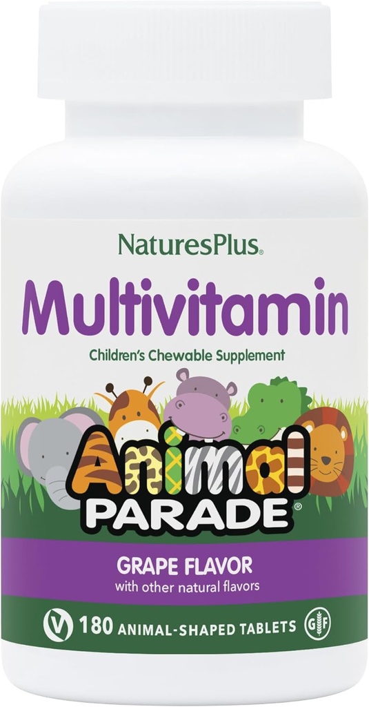NaturesPlus Ζωική Παρέλαση Παιδική Μασώμενη Πολυβιταμίνη - Grape Flavor - 180 Ζωομορφές Δισκία, Συσκευασία των 2 - Προάγει την Υγεία & την Ευεξία - Χορτοφαγική, Χωρίς Γλουτένη - 180 Σύνολο Υπηρεσίες