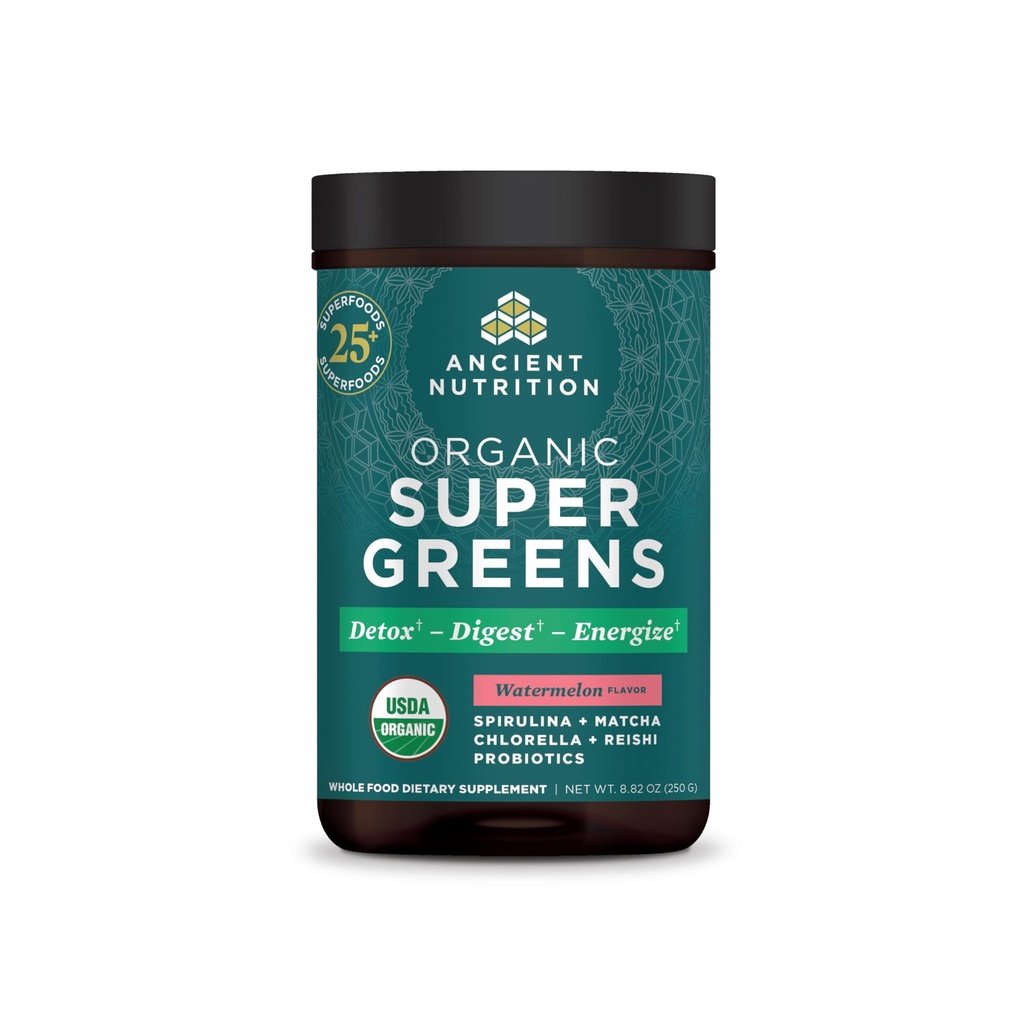 Ancient Nutrition SuperGreens Powder with Probiotics, Organic Watermelon Flavor Greens, Made from Real Fruits, Fruits and Herbs, for Digestive and Energy Support, 25 Servings, 8,82oz