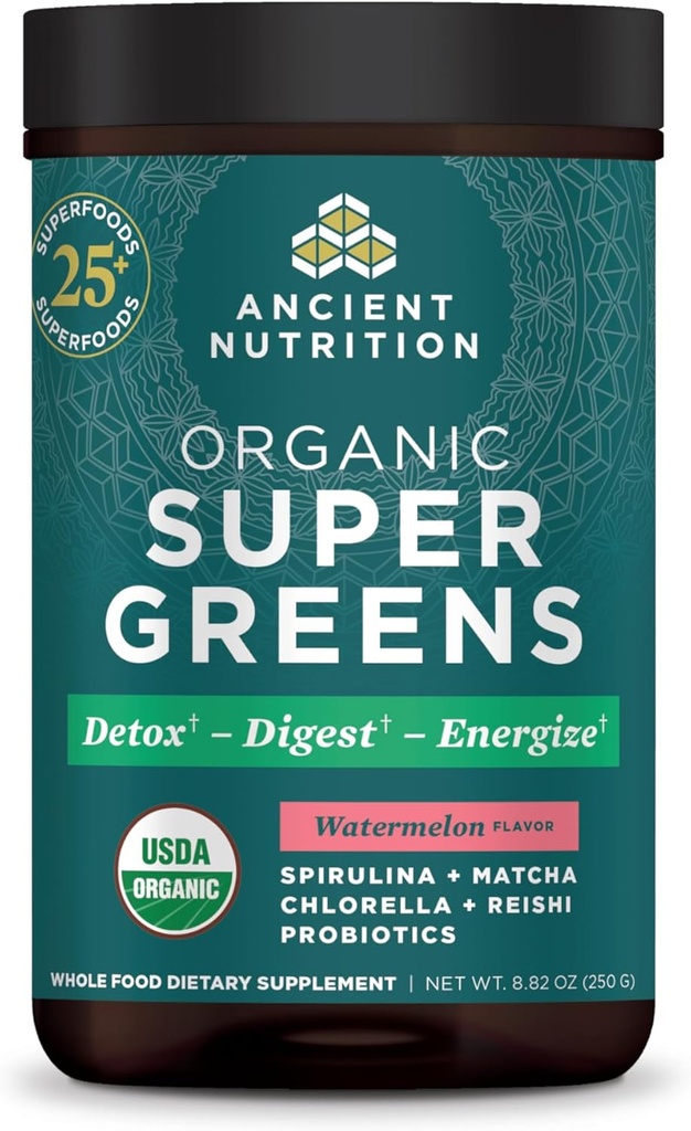 Ancient Nutrition SuperGreens Powder with Probiotics, Organic Watermelon Flavor Greens, Made from Real Fruits, Fruits and Herbs, for Digestive and Energy Support, 25 Servings, 8,82oz