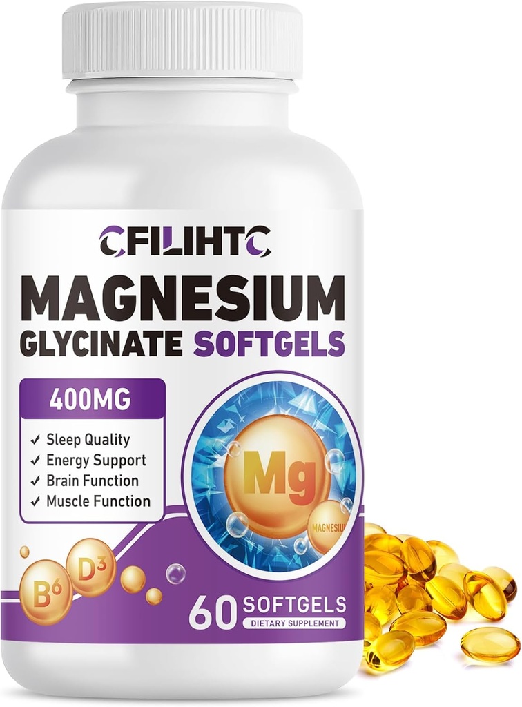 Γλυκινικό μαγνήσιο 400mg Softgels - Υψηλή απορρόφηση Συμπλήρωμα γλυκινικού μαγνησίου για ενήλικες & παιδιά με βιταμίνη Β6 & D3 - Υποστηρίξτε τον ύπνο, τη διάθεση, τον εγκέφαλο, το νευρικό, τους μυς και την υγεία των οστών - 60 Softgels