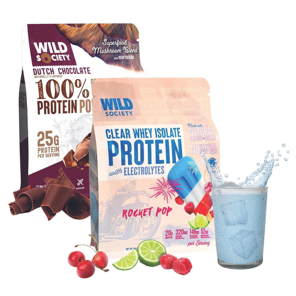WILD SOCIETY Clear Isolate + Whey concent Super Combo - Ροκέτα Pop Clear Ορός γάλακτος + Ολλανδική σοκολάτα συμπυκνωμένο