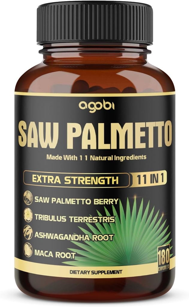 11in1 Saw Palmetto Capsules with Ashwagandha, Turmeric, Tribulus, Maca, Green Tea, Ginger, Holy Basil & More - Healthy Prostate & Hair Support - 180 Count 6-Month Supply