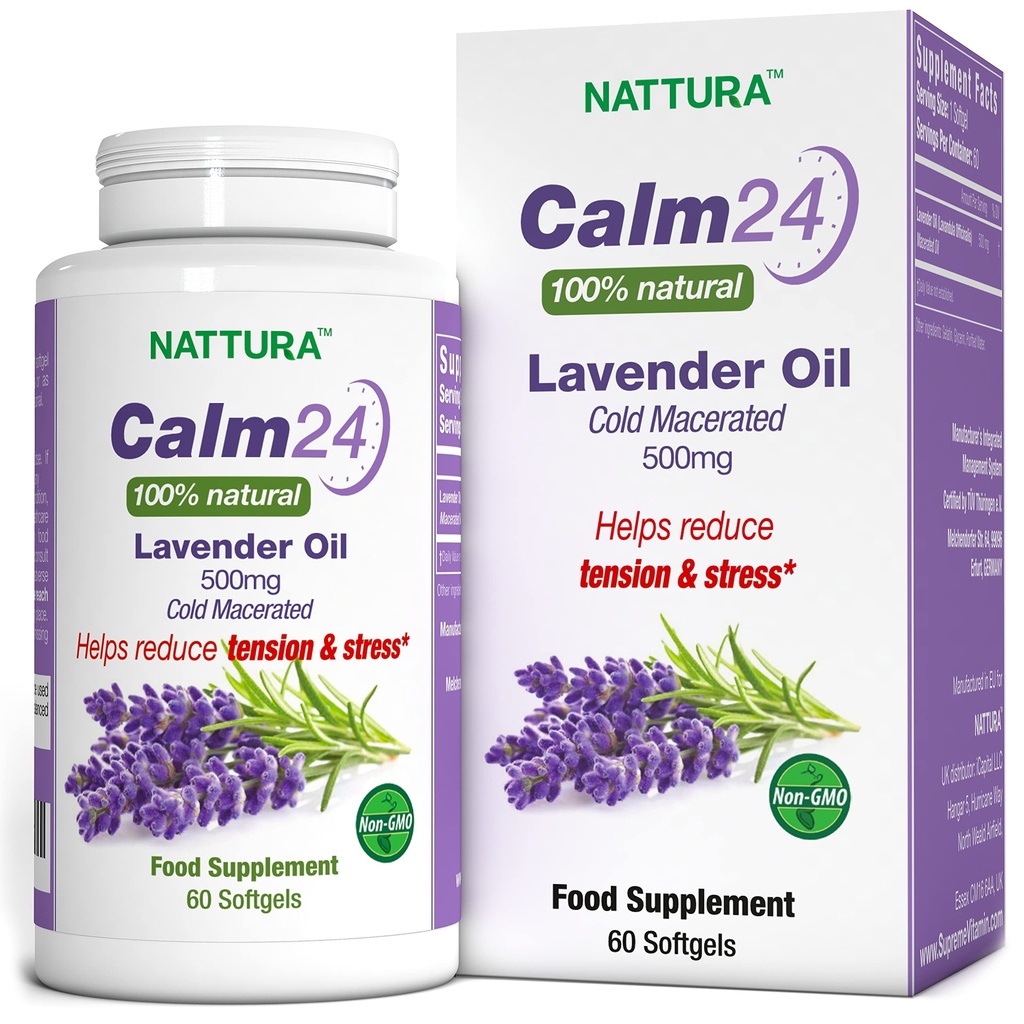 Nattura Calm Aid χάπια πετρελαίου λεβάντας - 500mg - 60 Softgels - 100% φυσικό, βοηθά στη μείωση του άγχους, την ηρεμία για το σώμα & μυαλό, μη GMO, Certified Kosher