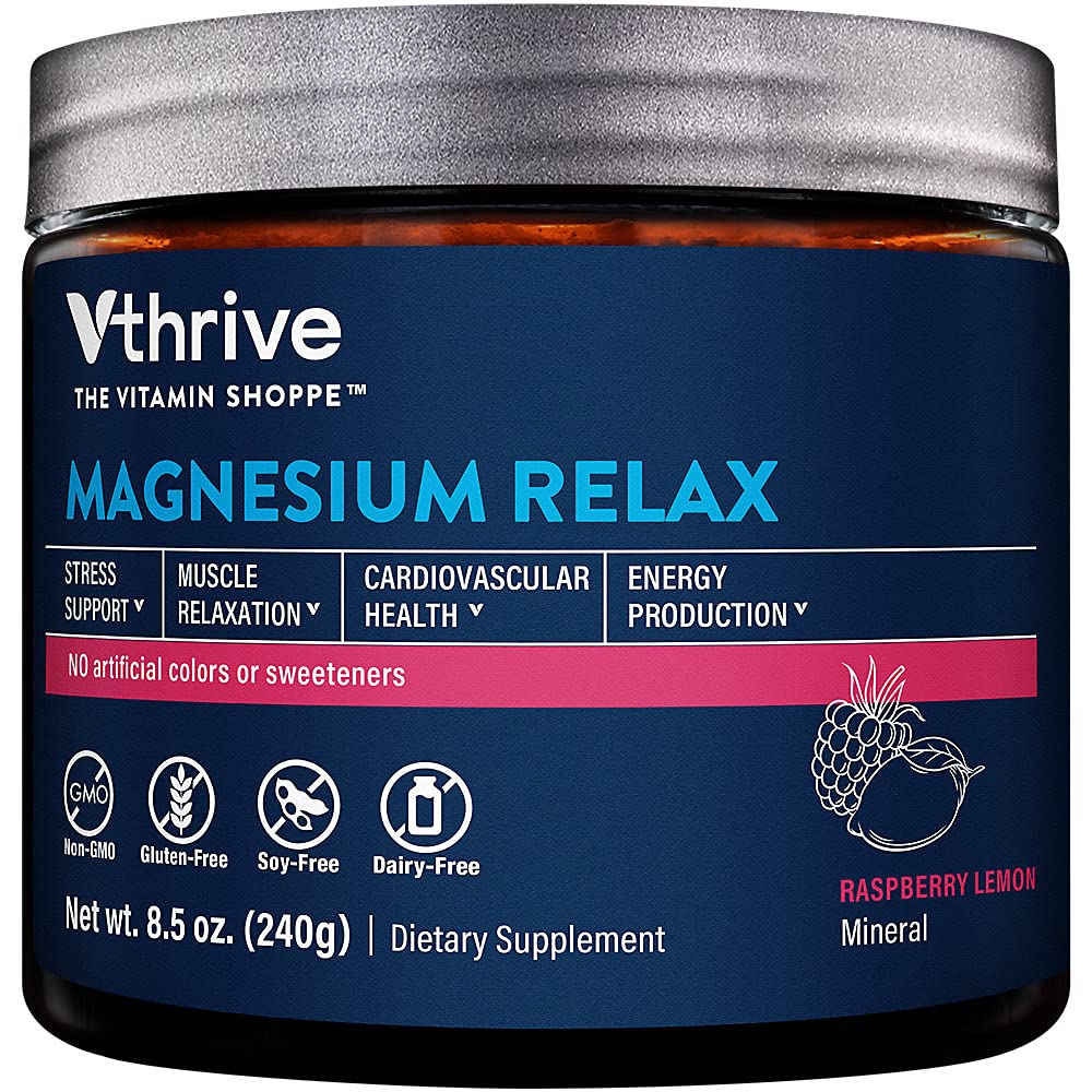 Vthrive Μαγνήσιο Relax σκόνη υποστηρίζει ανακούφιση από το άγχος, μυϊκή χαλάρωση και ενισχυμένη ποιότητα ύπνου για την καθημερινή ηρεμία & ευεξία - σμέουρο λεμόνι άρωμα (8.5 Oz. / 50 εξυπηρετούν)