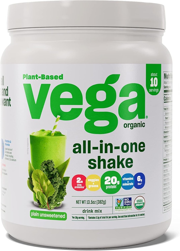 Vega Organic All-in-One Vegan Protein Powder, Plain Uncoweed - Superfood Ingredients, Βιταμίνες για Υποστήριξη Ανοσίας, Keto Friendly, Pea Protein for Women & Men, 13,5 oz (Packaging May Vary)