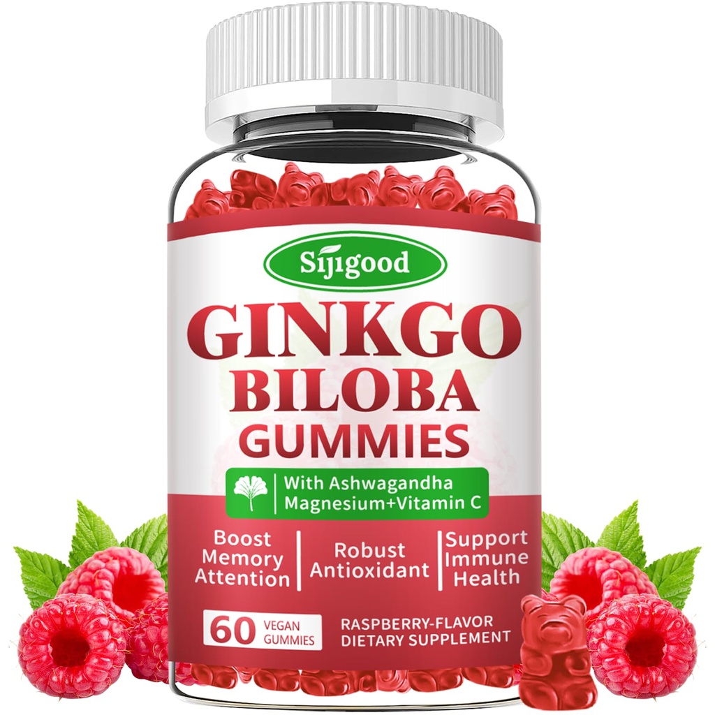 Ginkgo Biloba Gummies with Panax Ginseng and Magnesium, Ginkgo Biloba Supplements for Focus, Memory, and Brain Health for Adults & Kids, Vegan Raspberry Flavor Gummies, 60 Count