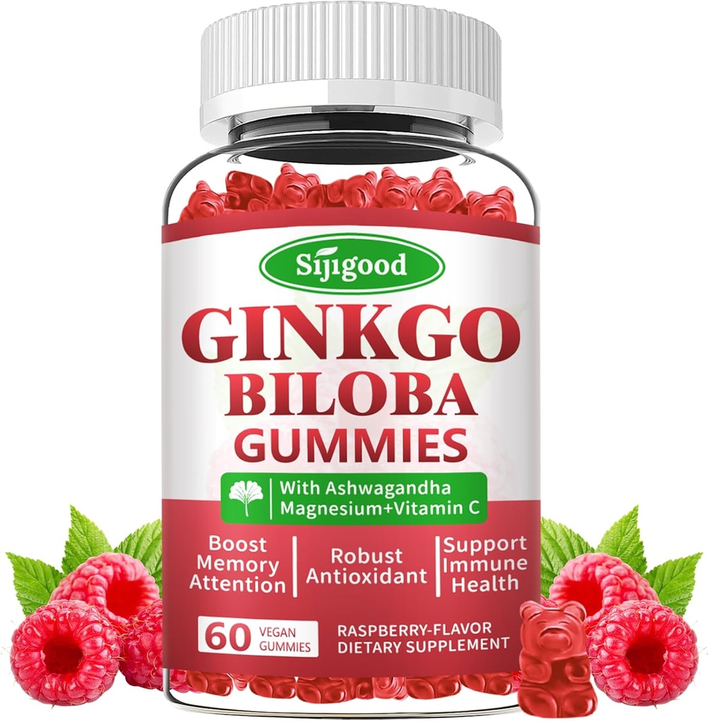 Ginkgo Biloba Gummies with Panax Ginseng and Magnesium, Ginkgo Biloba Supplements for Focus, Memory, and Brain Health for Adults & Kids, Vegan Raspberry Flavor Gummies, 60 Count