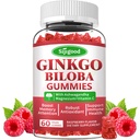 Ginkgo Biloba Gummies with Panax Ginseng and Magnesium, Ginkgo Biloba Supplements for Focus, Memory, and Brain Health for Adults & Kids, Vegan Raspberry Flavor Gummies, 60 Count