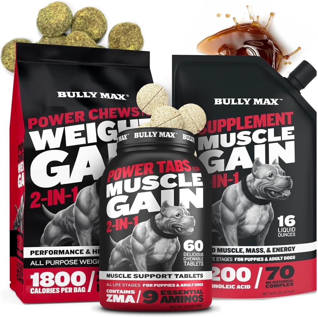 Bully Max Dog Weight Gainer Chews (75pc μασήματα) & Muscle Builder Tablets (60 tabs) & 3-in-1 Liquid Muscle Builder Supplement Bundle or Puppies & Adults, All Breeds – Υγιής Ανάπτυξη και Ζωτικότητα Υποστήριξη