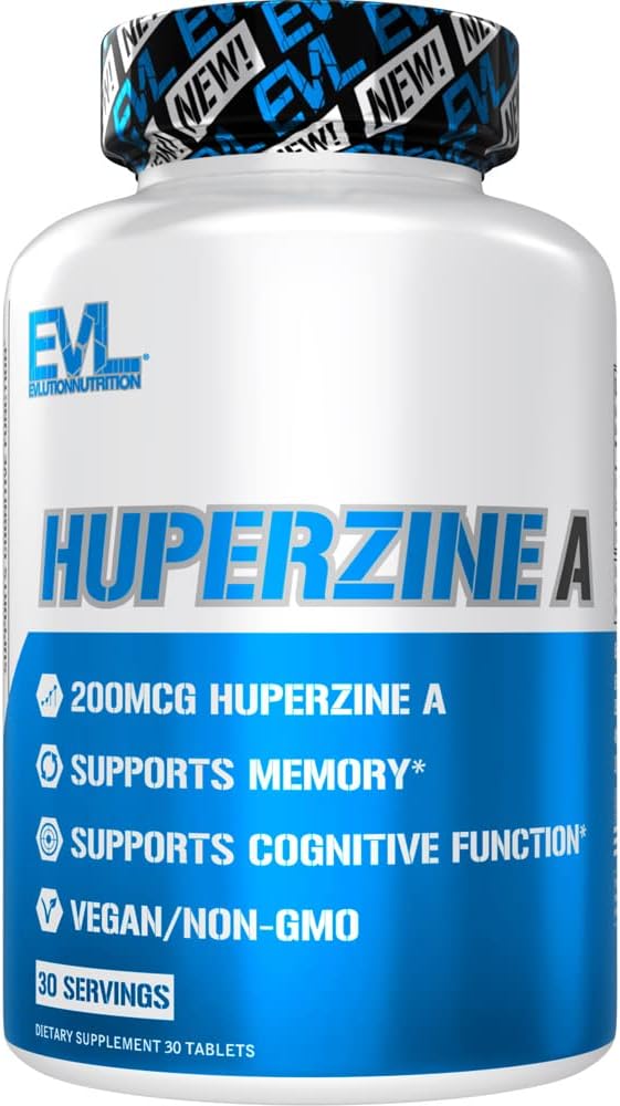 Evlution Huperzine A Nootropics Brain Support Supplement Nutrition Focus and Memory Supplement for Brain Health - 200mcg Huperzine A for Enhanced Cognative Performance - 30 Vegan Tablets