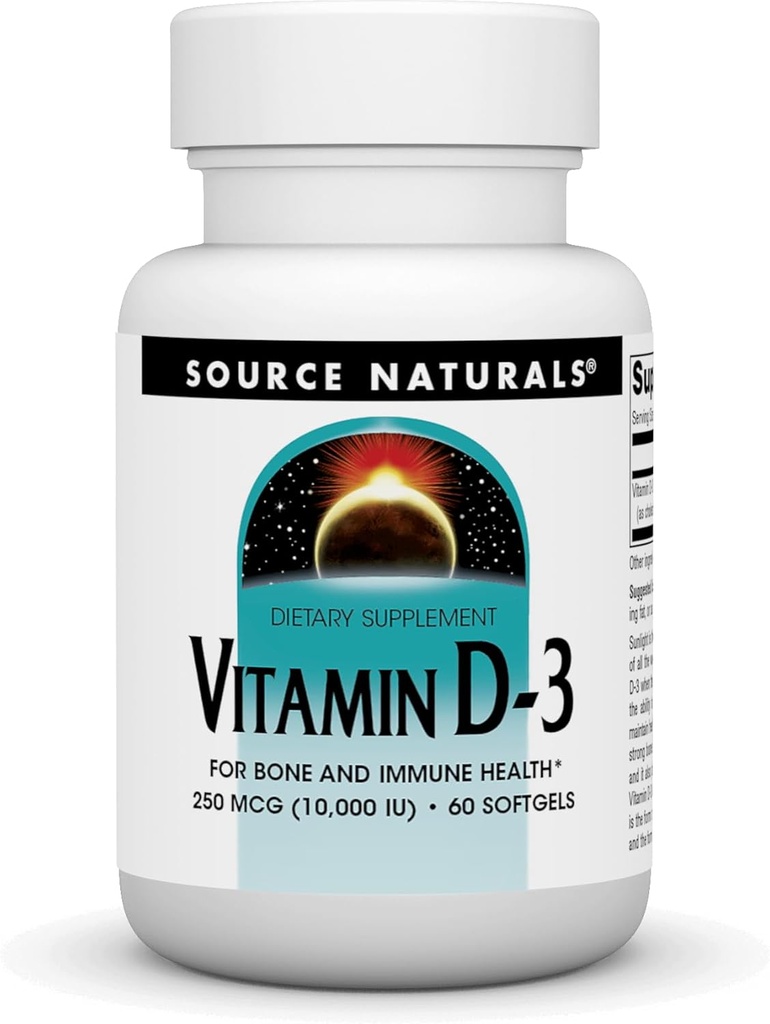 Source Naturals Βιταμίνη D-3, Υποστηρίζει την υγεία των οστών και του ανοσοποιητικού *, 250 mcg (10.000 IU) - 60 Softgels