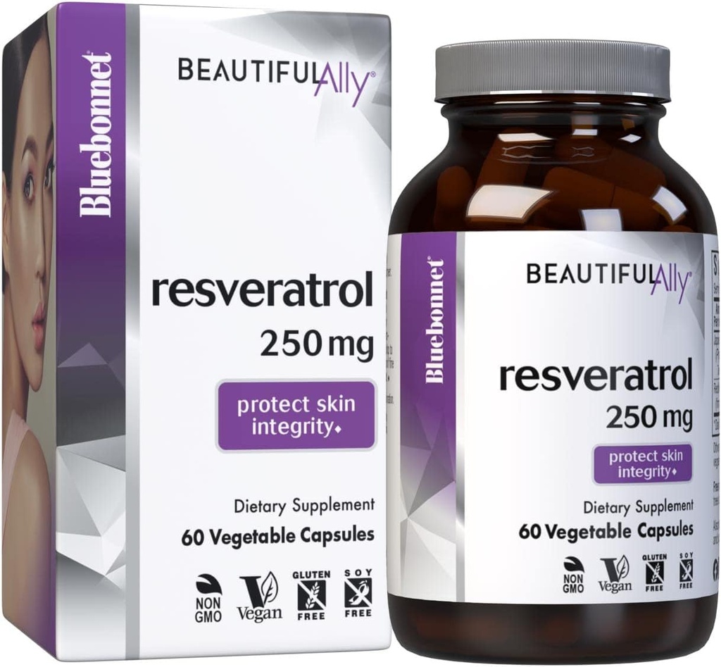 Bluebonnet Διατροφή Όμορφη Ally Resveratrol 250mg, Best for Skin, Antioxidant, Beauty Nutrient, Vegan, χορτοφάγος, μη ΓΤΟ, Χωρίς γλουτένη, Χωρίς σόγια, 60 κάψουλες λαχανικών, 60 εξυπηρετούν