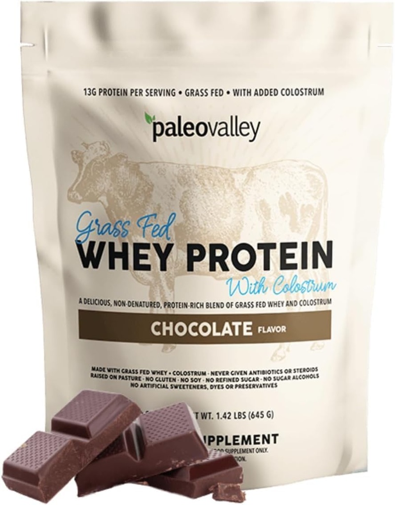 Paleovalley 100% Grassfed Whey Protein Powder με Colostrum, 13g Πρωτεϊνη, Σοκολάτα, Μυϊκό Κτίριο, Ανοσοποιητική Υποστήριξη, Υγεία των Ούλων