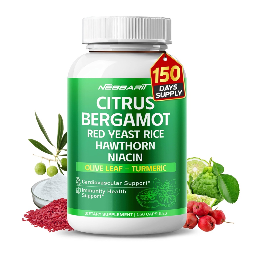 Citrus Bergamot Supplement - 15-in-1 Φυσική ανάμειξη με κόκκινο ρύζι ζύμης Hawthorn Olive Leaf Odorless Σκόρδο Turmeric Ginger Fenugreek - 150 Count - Made & Tested in The USA