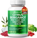 Citrus Bergamot Supplement - 15-in-1 Φυσική ανάμειξη με κόκκινο ρύζι ζύμης Hawthorn Olive Leaf Odorless Σκόρδο Turmeric Ginger Fenugreek - 150 Count - Made & Tested in The USA