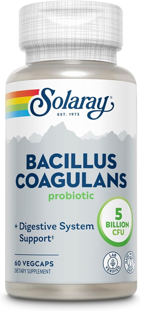SOLARAY Bacillus Coagulans Probiotic - 5 δισεκατομμύρια ζωντανών μικροοργανισμών - Digestion and Gut Health Support - Πλήρης υγεία του σώματος Προβιοτικά με Inulin Prebiotic Fiber, 60-Day Εγγύηση, 30 Serv, 60 VegCaps