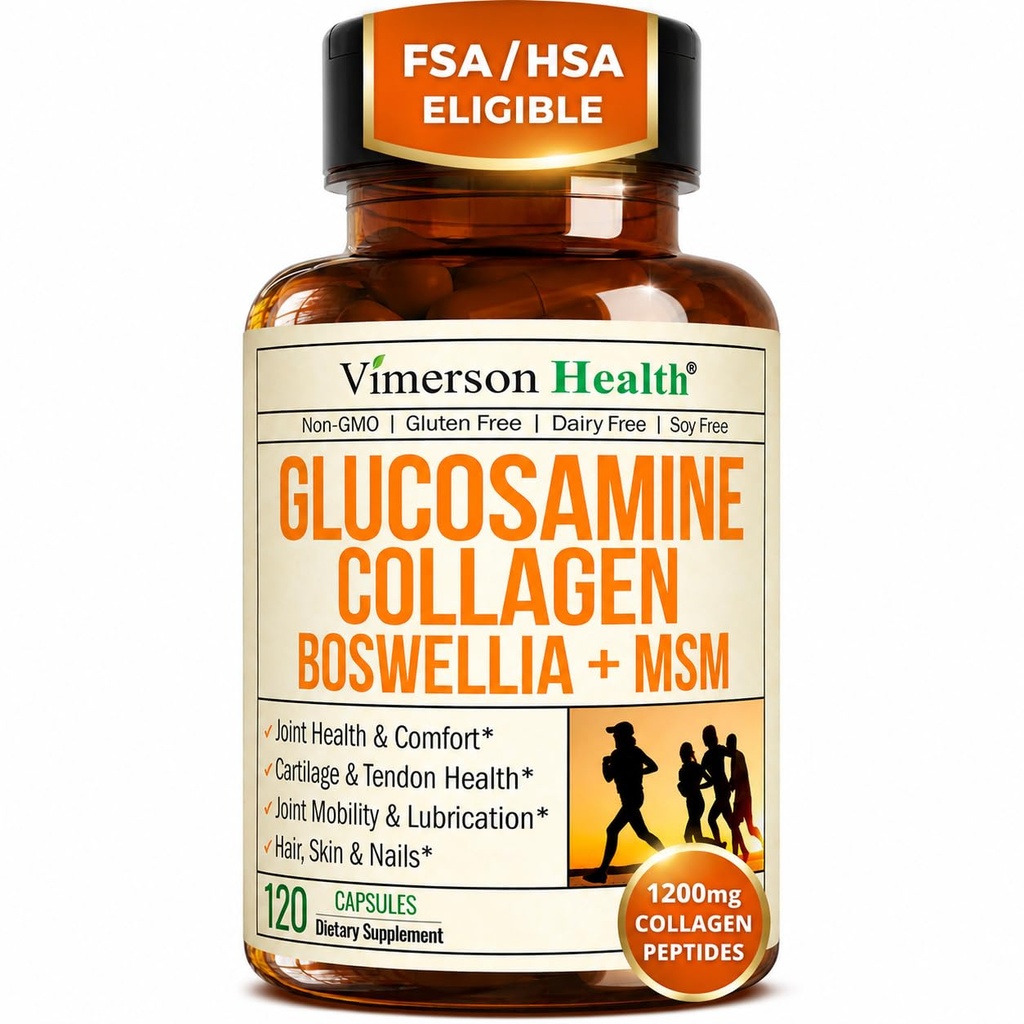Glucosamine Chondroitin MSM με υδρολυμένο κολλαγόνο Peptides - Κοινό συμπλήρωμα υποστήριξης με Quercetin, Bromelain & Boswellia Extract - χάπια κολλαγόνου για τα νύχια του δέρματος μαλλιών - FSA Επιλέξιμες 120 Caps