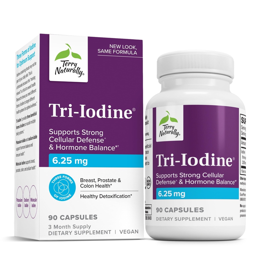 Terry Naturally Tri-Iodine - Support Thyroid Health - Aids Hormone Balance with Molecular Iodine from Kelp - Features Potassium Iodide & Sodium Iodide - Brain & Energy Support - 6.25mg, 90 Capsules