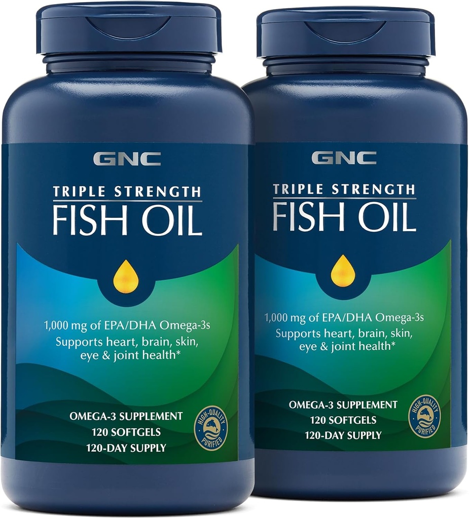 GNC τριπλή δύναμη ιχθυέλαιο, Twin Pack, 120 Softgels ανά μπουκάλι, υποστηρίζει την καρδιά, τον εγκέφαλο, το δέρμα, τα μάτια και κοινή υγεία
