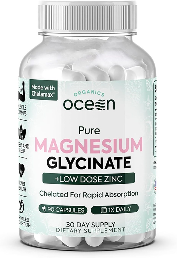 Οργανικά Ocean Pure Magnesium Glycinate with Zinc - Maximum Strength Chelated Magnesium Supplement for Women and Men for Muscle Cramps and Sleep Support - 90 Κάψουλες