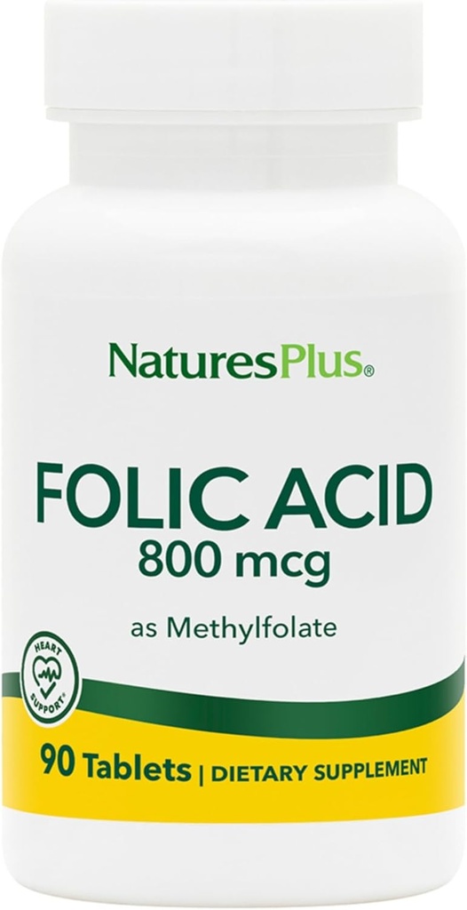 Natures Plus Folic Acid (Methylfolate) - 800 mcg, 90 Vegan Tablets - Υποστηρίζει υγιή ανάπτυξη ιστού - χορτοφαγικά, χωρίς γλουτένη - 90 Σερβίρει