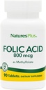 Natures Plus Folic Acid (Methylfolate) - 800 mcg, 90 Vegan Tablets - Υποστηρίζει υγιή ανάπτυξη ιστού - χορτοφαγικά, χωρίς γλουτένη - 90 Σερβίρει