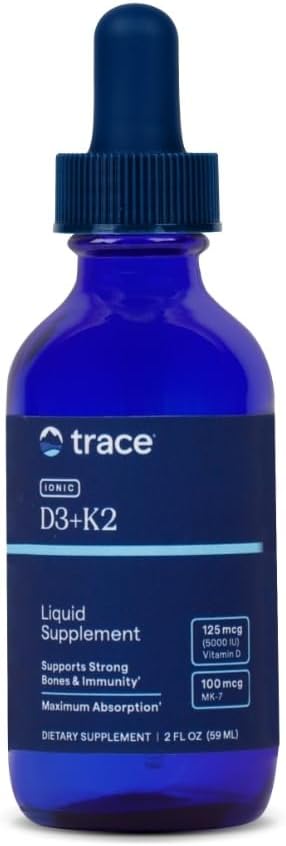 Trace Minerals Ionic D3+K2 - Υγρή πολυβιταμίνη για την υγεία των οστών και της καρδιάς - Υποστηρίζει την απορρόφηση ασβεστίου - Immune System Aid - Natural Supplement - 2 fl oz (296 Servings)