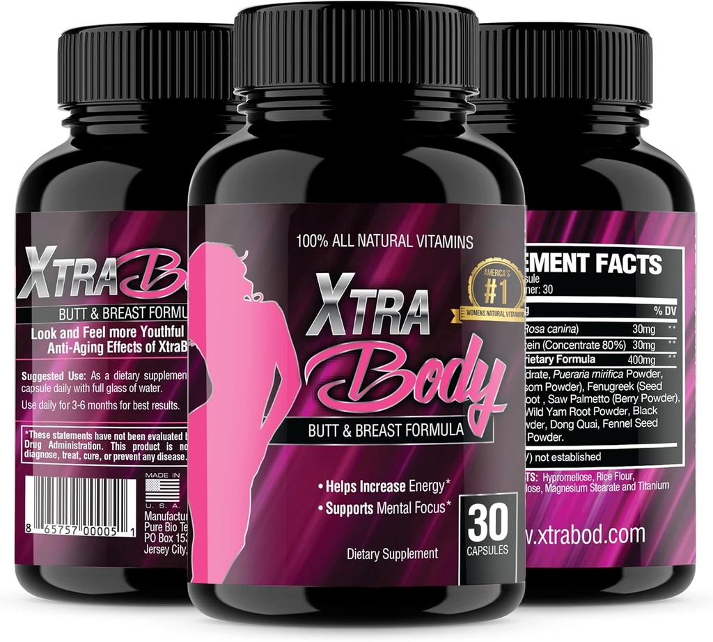 XtraBody Butt Enhancement and Breast Enlargement Supplement - Estrogen Enhancer - Increases Butt & Breast Size, Reduces Menstrual Symptoms & Provides an Extra Boost of Energy (1 Bottle=30 Capsules)