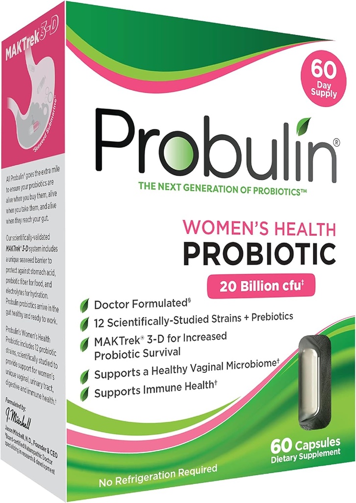 Probulin Women’s Health Probiotic + Prebiotic for Vaginal, Gut & Immune Health - 20 Billion CFU - 12 Probiotic Strains, 60 Vegan Capsules