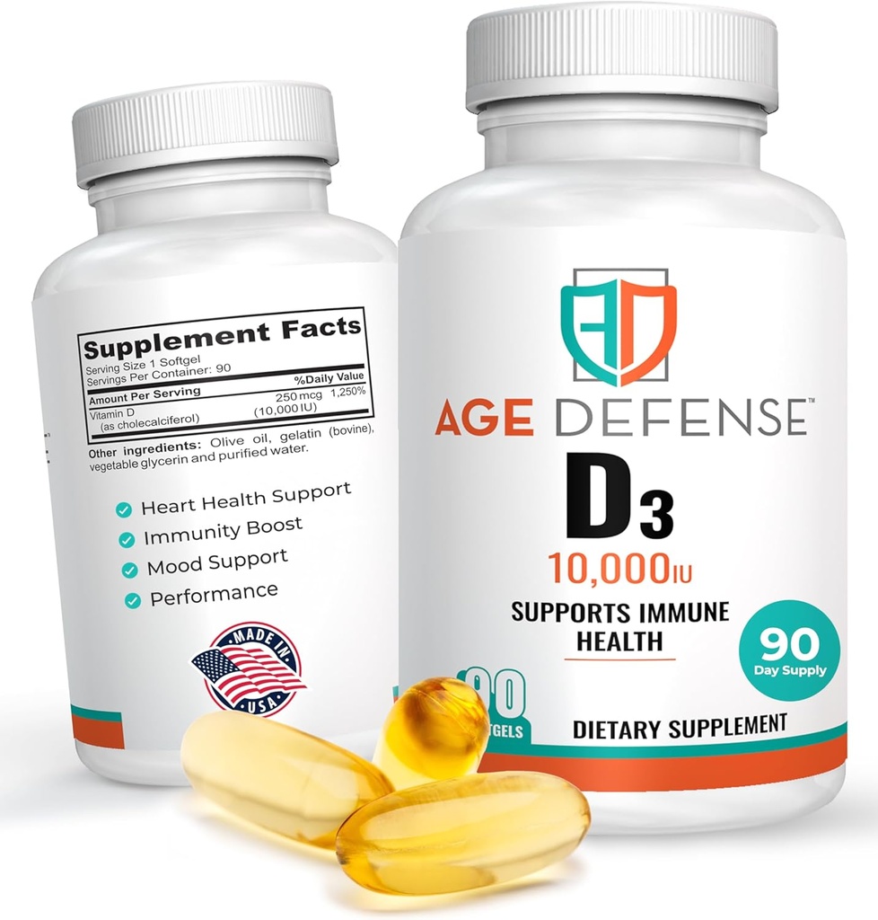 Βιταμίνη D3 10000 IU - 90 Βιταμίνη D 10000 IU Softgels for Heart Health, Immune Support, Mental Clarity & Muscle Function Support - Υψηλή δόση Βιταμίνη D3 Tablets for Men & Women- 250 mcg