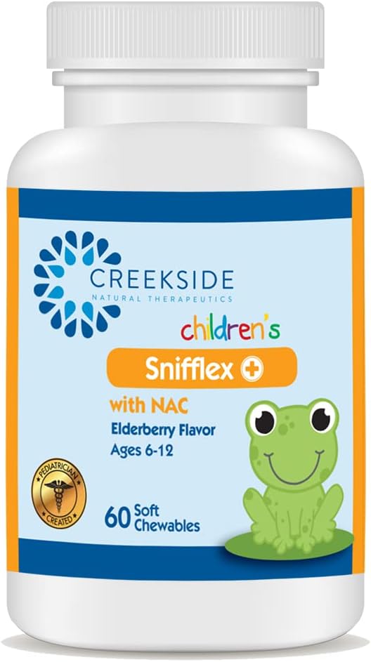 Creekside Naturals Snifflex, Παιδική Sinus & Αναπνευστική Υποστήριξη, Elderberry for Immune Health, Παιδιατρικός Formuled with NAC, Quercetin & Bromelain, Zero Sugar, Vegan, 60 Μαλακά Μασώμενα