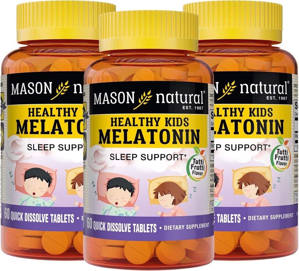 MASON NATURAL Healthy Kids Μελατονίνη, για παιδιά, υποστηρίζει έναν υγιή ύπνο, γρήγορη δράση, Fruit Flavored, 60 Quick Dissolve Tablets (Συσκευασία 3)