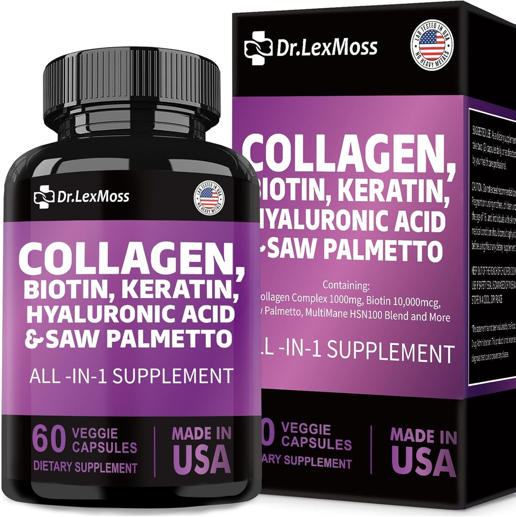 Τα χάπια κολλαγόνου Βιοτίνη Κερατίνη Saw Palmetto Υαλουρονικό οξύ, βιταμίνες και DHT, βιταμίνη Ε Φολικό οξύ Κολοκύθα Σπόροι MSM για άνδρες και γυναίκες Δέρμα μαλλιών και νύχια, 60 κάψουλες