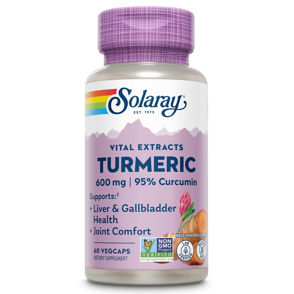 SOLARAY Turmeric Supplement 600mg - Turmeric Root με 95% Κουρκουμίνη - Κοινό συμπλήρωμα υποστήριξης - Κοινή υγεία, χοληδόχος κύστη και υποστήριξη ήπατος, μη GMO, Vegan, Χωρίς γλουτένη, 60-Ημέρες εγγύηση, 60 υπηρεσίες