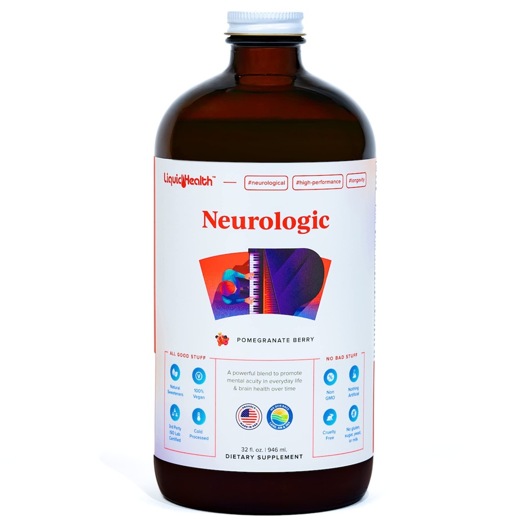 LIQUIDHEALTH Neurologic Focus Supplement - Brain Booster Nootropic Supplement for Cognitive Function, Memory & Focus with Ginkgo Biloba, Choline, L-Theanine & Phosphatidylserine - USA Made (32 oz)