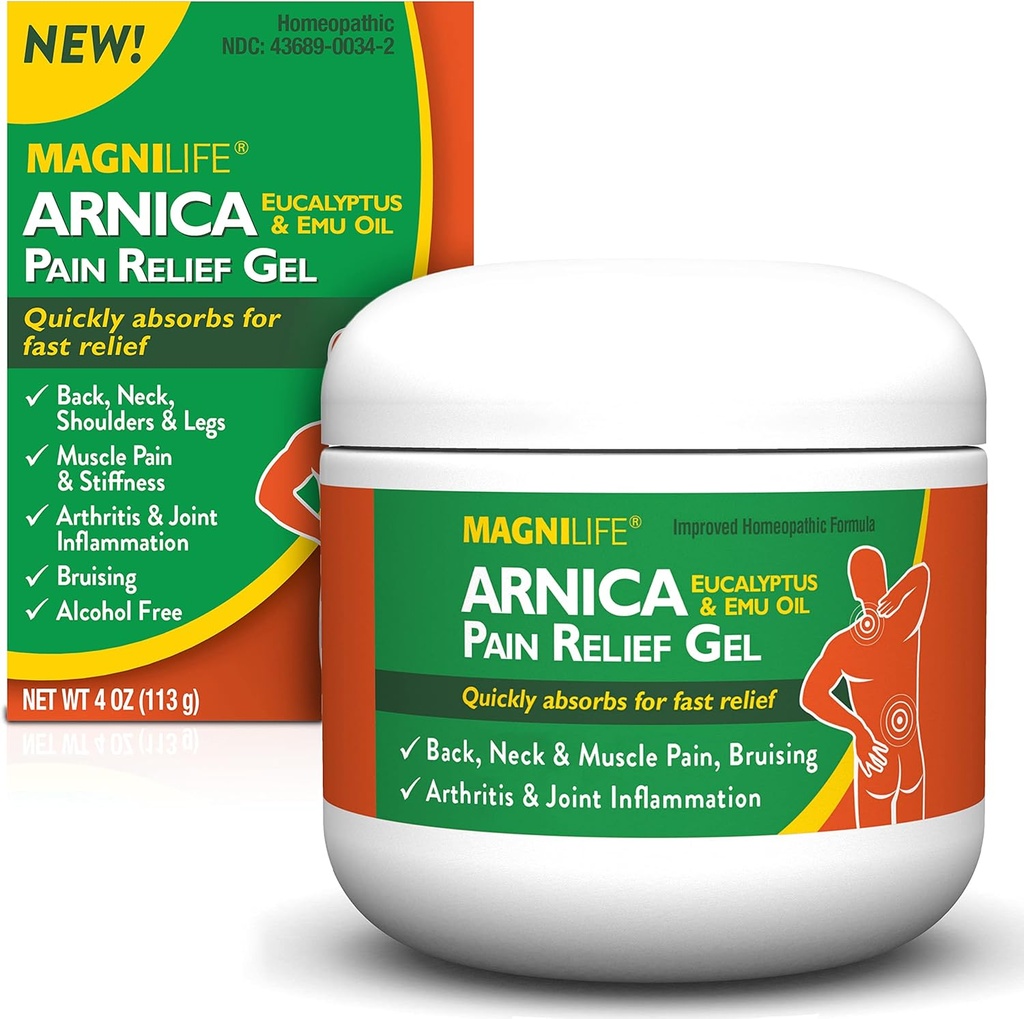 MagniLife Arnica Pain Relief Gel, γρήγορη δράση λαιμό και ανακούφιση του πόνου στην πλάτη, με Eucalyptus και Emu Oil σε Southe Soreness, φλεγμονή και δυσφορία - 4oz