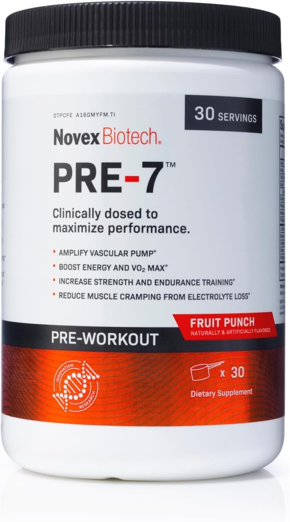 Novex Biotech PRE-7 Pre-Wortout Powder for Men - Ενισχύστε την ενέργεια, Focus, και VO2 max, Ενυδάτωση Υποστήριξης Κατά τη διάρκεια παρατεταμένης Άσκησης*, Fruit Punch