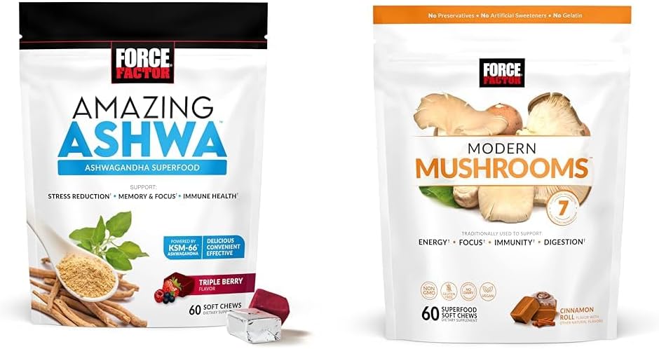 Force Factor Ashwagandha & Mushroom Supplements Bundle with KSM-66 Ashwagandha, 7 Μανιτάρια, 60 Μαλακά Μάσα κάθε ένα