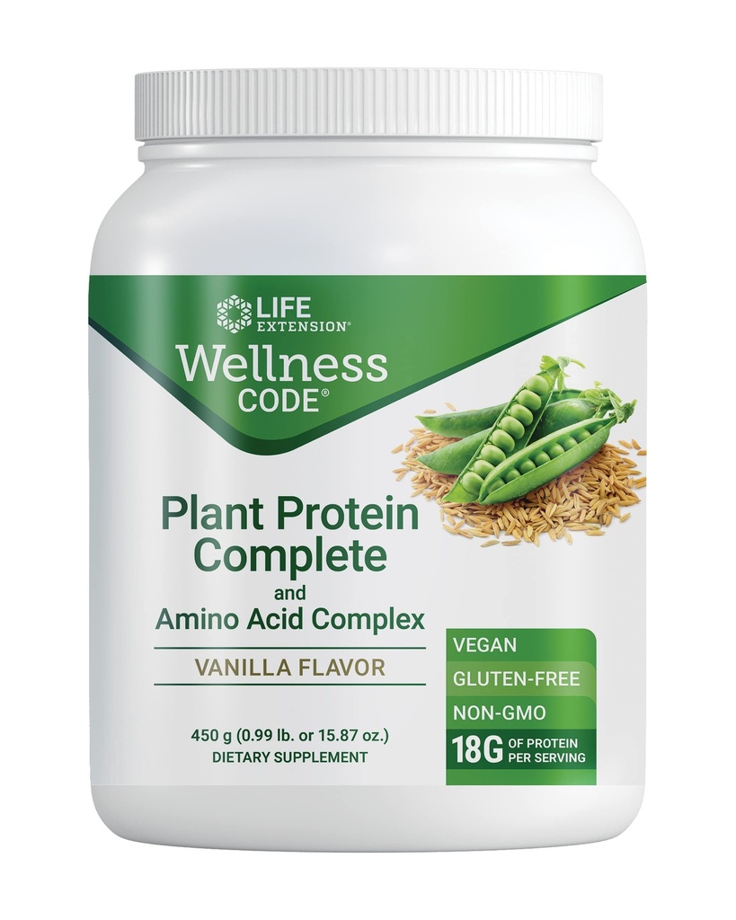 Επέκταση ζωής Wellness Code® Plant Protein Complete & Amino Acid Complex (Vanilla), Plant-based Protein Powder Plus διακλαδισμένα-Chain Αμινοξέα, Χωρίς γλουτένη, Μη ΓΤΟ, Χορτοφαγικά, 450 γραμμάρια