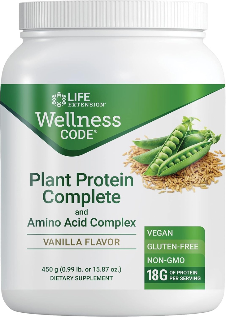 Επέκταση ζωής Wellness Code® Plant Protein Complete & Amino Acid Complex (Vanilla), Plant-based Protein Powder Plus διακλαδισμένα-Chain Αμινοξέα, Χωρίς γλουτένη, Μη ΓΤΟ, Χορτοφαγικά, 450 γραμμάρια