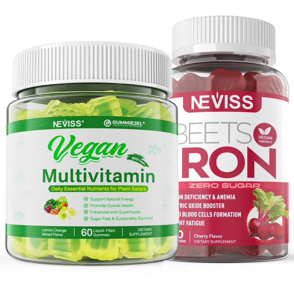 Vegan Iron Gummies with Vegan Multivitamin for Women Men with Iron, Vitamin B12, A, D3, K2, Algae Omega 3, Magnesium, Zinc