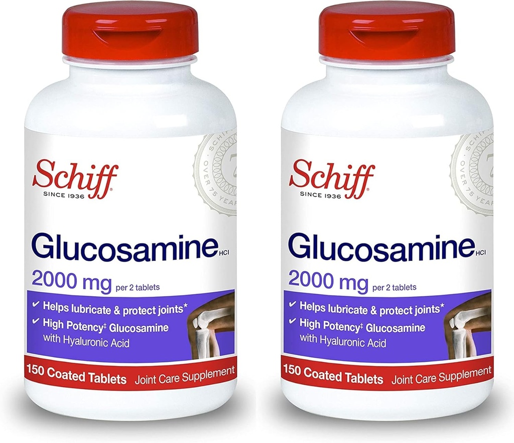 Γλυκοζαμίνη Schiff με Υαλουρονικό Οξύ, 2000mg Γλυκοζαμίνη, Συμπληρώματα Κοινής Φροντίδας Βοηθά στη Λιπαντική & Προστασία των αρθρώσεων*, 150 Count (Pack of 2)