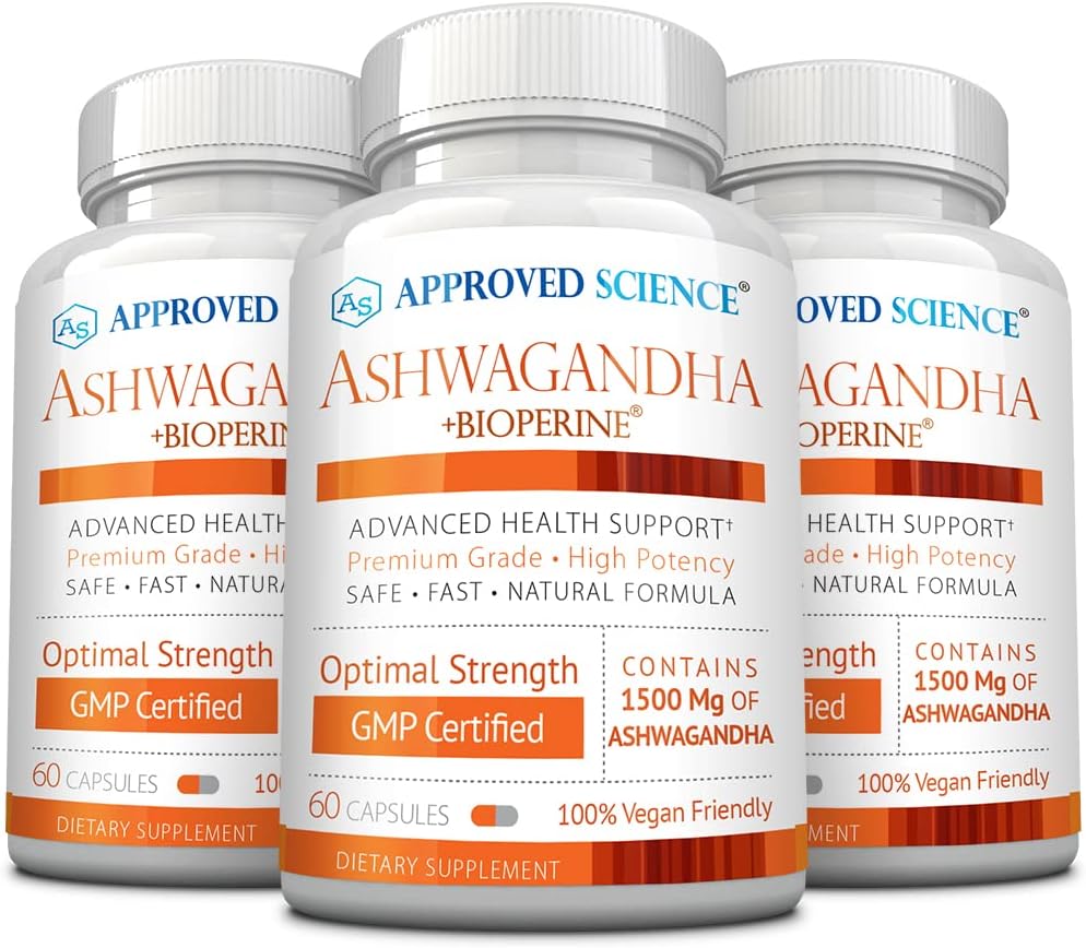 Εγκεκριμένη επιστήμη Ashwagandha 1500mg με Bioperine® και Ginger- Boost Mood & Energy - 60 Vegan Φιλικές κάψουλες (3 φιάλες)