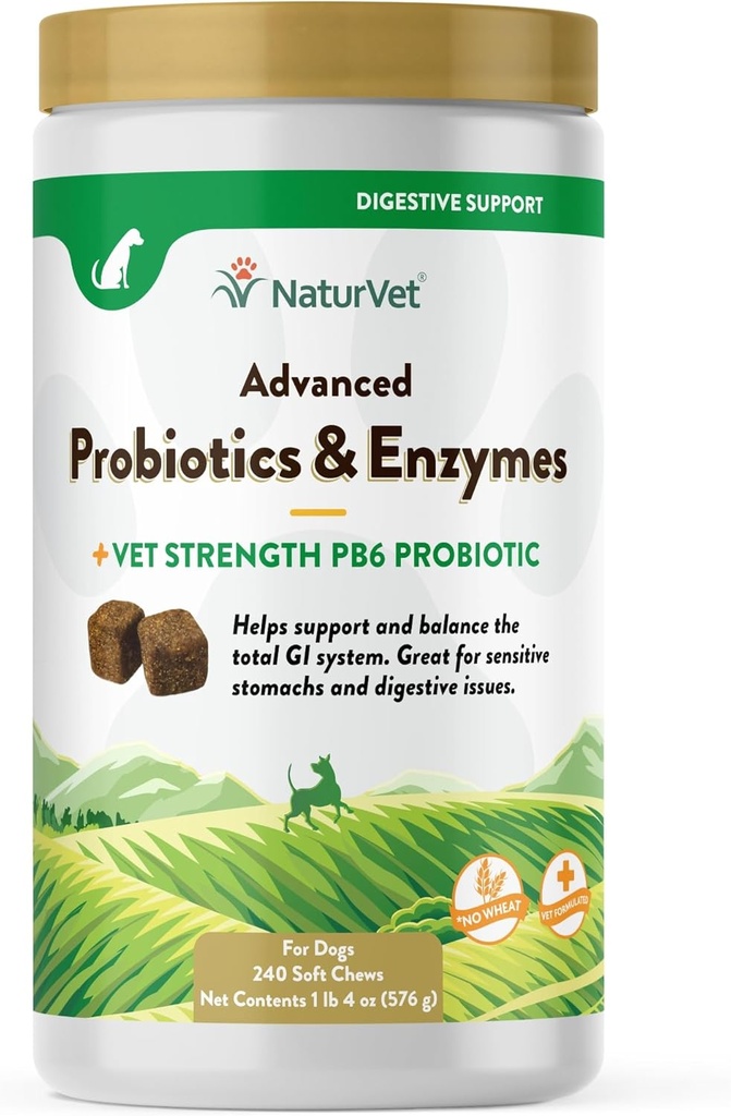 NaturVet Advanced Probiotics & Enzymes, PB6 Dog Soft Chews to Help Sensitive Stomachs and Digestive Issues, Hickory Smoke Bacon Flavored Pet Supplement for Dogs Πάνω από 6 εβδομάδες, 240 Count Jar