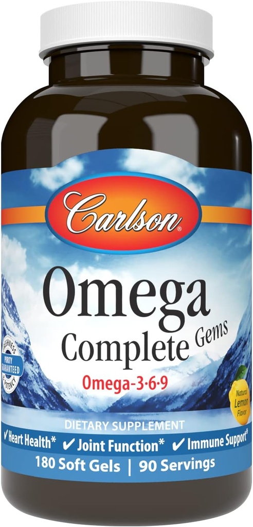 Carlson - Omega Complete Gems, Omega-3-6-9, Άγρια πιάστηκε, με βιώσιμη προέλευση, την υγεία της καρδιάς, κοινή λειτουργία & ανοσοποιητική υποστήριξη, 180 Softgels